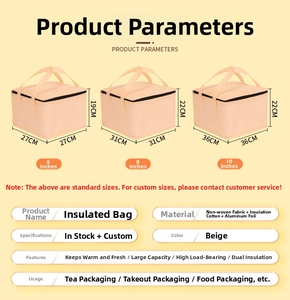 Size chart showing 6, 8, 10 inch aluminum foil thermal cake bags with dimensions