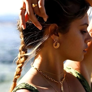 18K gold plated chunky bead textured hoop earrings with layered chain necklace