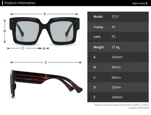 Detailed size chart for model 2717 blue light blocking glasses with frame specifications