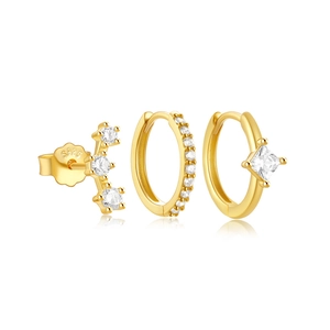 Detailed view of gold S925 sterling silver earring set with sparkling cubic zirconia