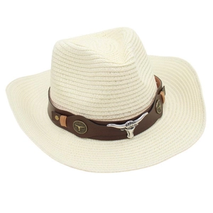 Detailed close-up of a cream straw cowboy hat featuring a brown leather band and bull head