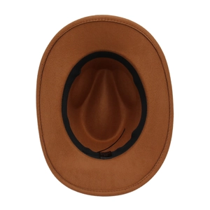 Inside view of brown felt cowboy hat showing black sweatband and size 57 label detail