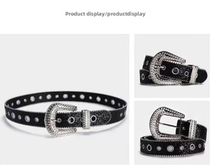 Close-up of Western rhinestone belt buckle with sparkling sequins and metallic details