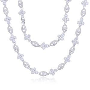 Ensemble collier et bracelet argenté avec œil porte-bonheur, maillons croix et pierres