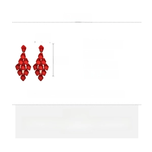Detailed spec sheet showing red acrylic petal tassel earrings with alloy and silver needles