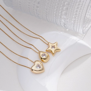 Golden titanium steel necklaces with heart star and water drop pendants set with zircons