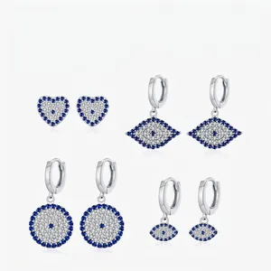 925 Sterling Silver Evil Eye Heart Stud Drop Earrings For Women Luxury Elegant Blue White Zircon Jewelry Gift