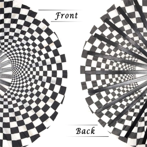 Front and back view of a 33cm bamboo kung fu fan with black and white checkered pattern