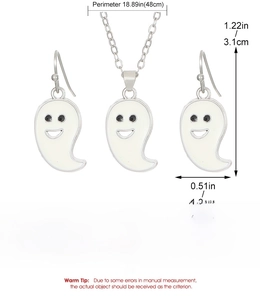 Detailed view of white enamel ghost necklace and earrings set with full size specifications