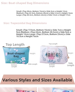 Detailed size chart for waterproof PU leather makeup bags in boat and trapezoid shapes