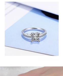 Close-up of square emerald-cut zircon set in a four-prong sterling silver ring band