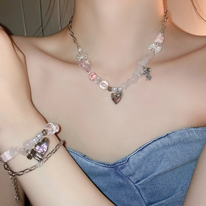 Pink and white beaded heart bow bracelet and necklace set for women jewelry styling