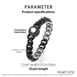 Detailed specs of 13mm black stainless steel curb chain bracelet with crystal inlay