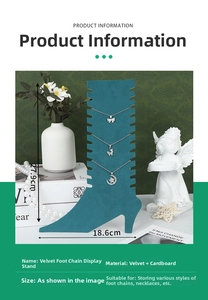 Teal velvet high heel anklet display stand with dimension markings for jewelry storage