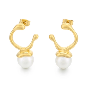 Elegant gold geometric irregular earrings with white hanging pearls for a modern luxury look
