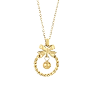 Collier doré élégant avec pendentif nœud et cercle évidé sur fond blanc immaculé