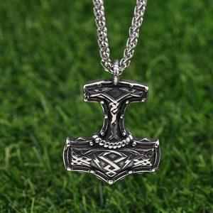 Vintage Thor's Hammer Mjolnir pendant in stainless steel with Viking runes and heavy chain