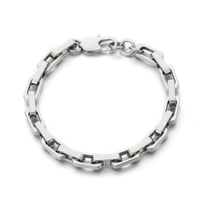 Mens heavy duty stainless steel rectangular link chain bracelet with lobster clasp