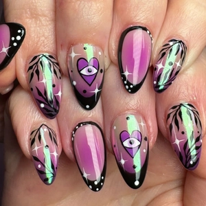 Faux Ongles Press On Courts Amande French Rose Noir Dégradé Coeur Oeil Paillettes Pour Femmes