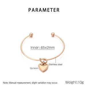 Dimensions détaillées d'un bracelet jonc cœur en acier inoxydable avec placage or rose 18K