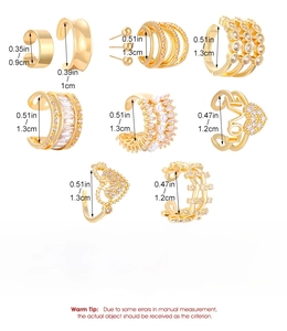 Size guide for vintage zircon ear cuffs showing dimensions from 0.9cm to 1.3cm in detail