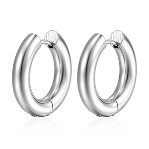 Polished silver stainless steel hoop earrings for men and women on white background