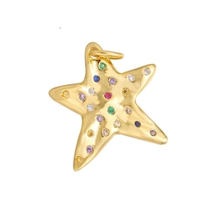 Close-up of gold-plated starfish pendant set with colorful sparkling cubic zirconia stones