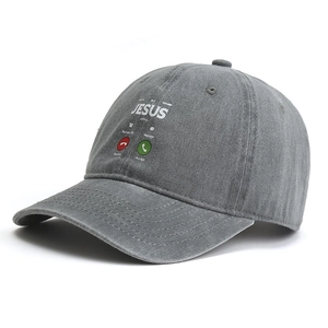 Grey washed cotton baseball cap with Jesus Calling screen print design for outdoor sun shade