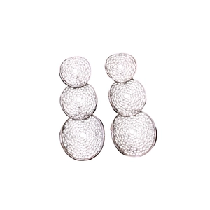Elegant silver triple drop circular hollow woven earrings for women on white background