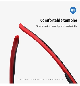 Detail of ergonomic red and black non-slip temples on stylish polarized sports sunglasses