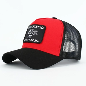Retro red and black mesh trucker hat featuring Women Want Me Fish Fear Me fishing patch