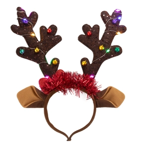 Close-up of LED reindeer headband with brown antlers, colorful bells and festive lights