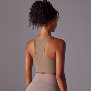 Brown racerback sports bra and high-waist leggings set for gym and yoga fitness