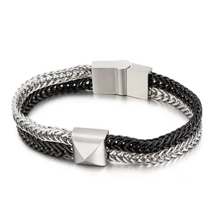 Men's Stainless Steel Braided Bracelet Bicolor Double Layer Geometric Pyramid Magnetic Clasp Hip Hop Punk Jewelry