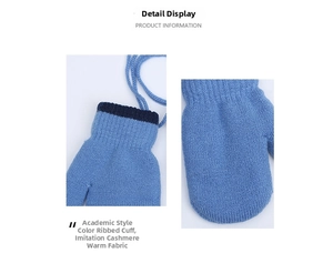 Close-up of light blue knit mittens featuring dark blue ribbed cuffs and soft fleece lining