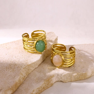 Vintage 18K gold-plated stainless steel open rings with green and pink natural stones