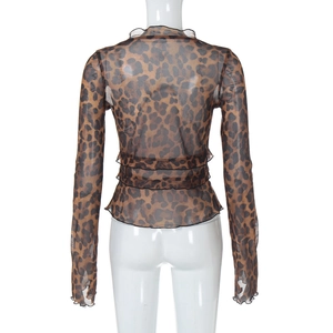 Detail of sheer brown leopard print mesh top featuring a high neck with ruffled edges