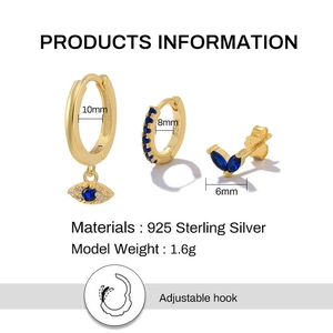925 sterling silver evil eye gold earring set with blue crystals and size information