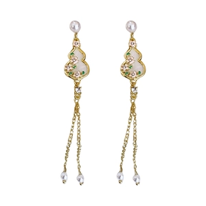 Elegant gourd flower drop earrings with pink floral motifs and pearl tassel accents