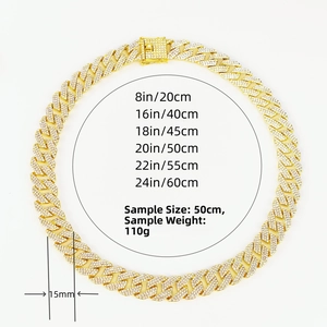 Size chart for 15mm hip hop Cuban link chain with detailed length and weight specifications