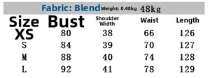 Size chart for slim midi dress showing chest waist shoulder and length measurements