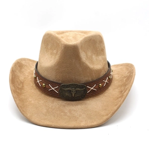 Faux suede western cowboy hat with retro bull head buckle and leather decorative band