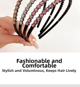 Detailed view of four non-slip rhinestone headbands with teeth in various crystal colors