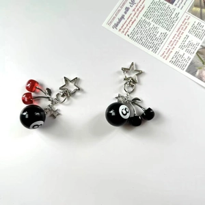 Handmade cherry billiard keychains with black 8-ball and star-shaped metal hooks