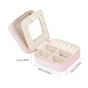 Portable light pink velvet travel jewelry box with mirror for rings and necklaces