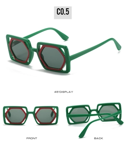 Detailed views of square sunglasses with green frames and red hexagonal inner rims