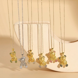 Hollow Bear Pendant Necklace Copper 14K Gold Plated Colorful Zircon Geometric Jewelry For Women