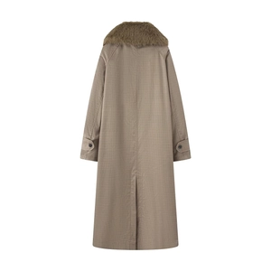 Macro detail of tan checkered coat back showing faux fur collar and cuff strap