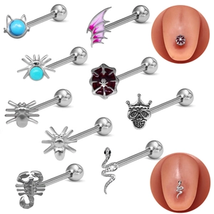 Gothic spider and animal tongue rings set in stainless steel with colorful gemstones