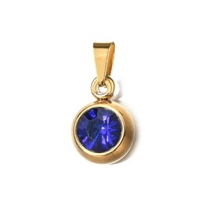 Detailed view of 6mm round dark blue crystal pendant with gold stainless steel loop